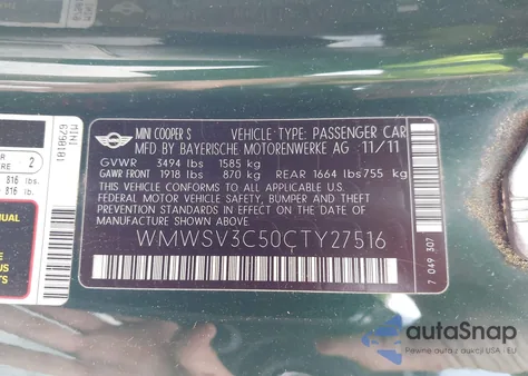 2012 Mini Cooper S из США, поврежденный, VIN WMWSV3C50CTY27516